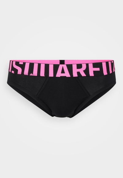 Black underwear with a pink logo waistband featuring bold, uppercase text. The fabric is smooth with a fitted, brief-style design.