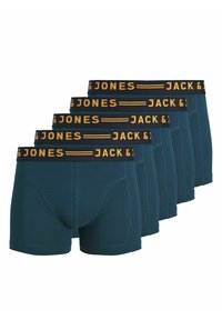 Öt pár férfi boxer sötét teal színben, fekete derékszíjjal, amelyen sárga betűkkel szerepel a "JACK & JONES" felirat. Sima anyag és testhez álló fazon.