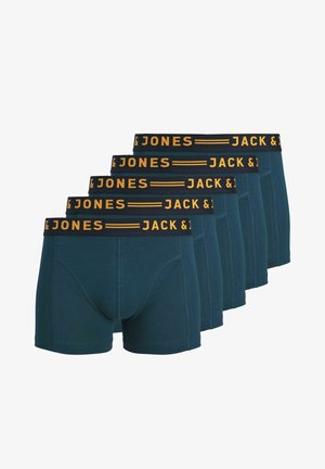 Cinq paires de boxers pour hommes en bleu sarcelle avec une ceinture noire arborant "JACK & JONES" en lettres jaunes. Tissu lisse et design ajusté.