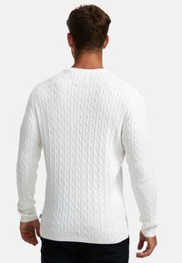 Hvit kabelstrikket genser med lange ermer, rund hals og ribbede mansjetter, som viser et teksturert mønster og en lett tilpasset fasong.
