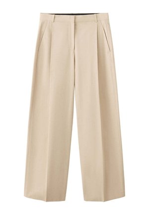 Pantalones beige de pierna ancha con pinzas delanteras, bolsillos laterales y trabillas para cinturón, mostrados sobre un fondo blanco.