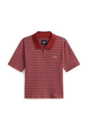 Rød og hvid smal vandret stribet kortærmet poloshirt med ensfarvet rød krave og frontlynlås.