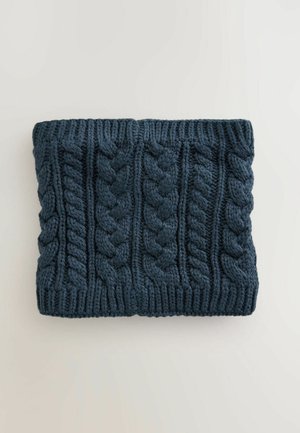 Knitted wool neck warmer in dark blue, featuring a textured cable pattern with ribbed edges, offering a thick, cozy design.