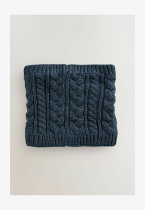 Sötétkék kötött gyapjú nyakmelegítő, texturált kábelmintával és bordázott szélekkel, vastag és kényelmes dizájnnal.