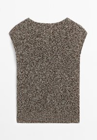 Pull sans manches en maille marbrée marron et blanc avec un motif côtelé et un col rond, posé à plat sur un fond blanc.