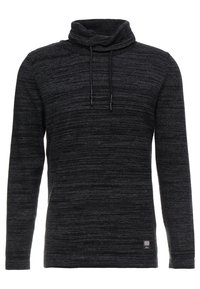 Maglione a maniche lunghe nero e grigio melangiato con collo a cowl e due cordini, realizzato in tessuto morbido e testurizzato. Presenta una piccola etichetta con logo.
