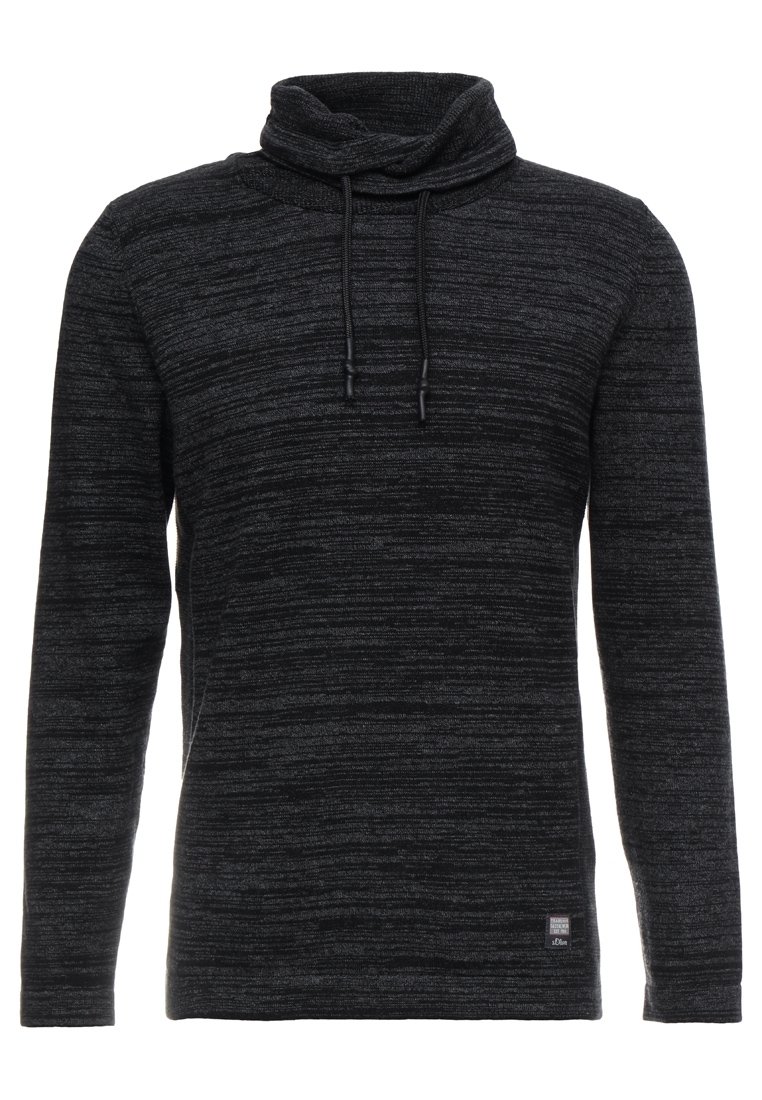 Maglione a maniche lunghe nero e grigio melangiato con collo a cowl e due cordini, realizzato in tessuto morbido e testurizzato. Presenta una piccola etichetta con logo.