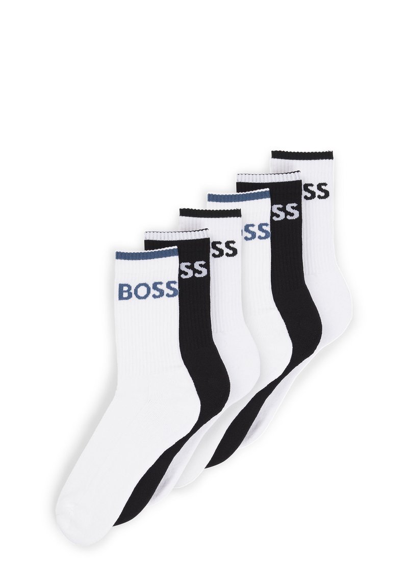 Set of five cotton socks in black and white. Each sock features ribbed texture and "BOSS" logo. Colors alternate with blue accents on the cuffs.