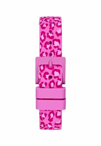 Pinke Silikon-Uhrenband mit einem Leopardenmuster in dunkelpink. Es hat eine stabile pinke Schnalle und verstellbare Einkerbungen.