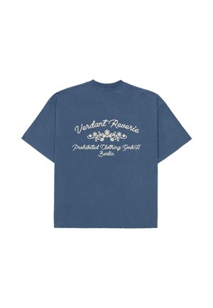 Blue short-sleeve T-shirt with white floral graphic and text "Verdant Reverie Prohibited Clothing GmbH Berlin" on the back.