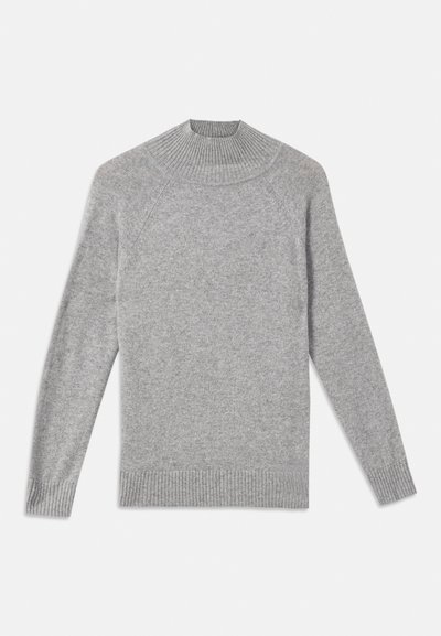 Gray knit sweater with a high ribbed neckline, raglan sleeves, and ribbed cuffs, featuring a soft texture and a simple design.