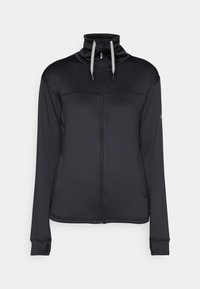 Chaqueta negra con cremallera y cuello alto, de tejido texturizado y cordón de contraste. Cuenta con bolsillos laterales y agujeros para los pulgares en los puños.