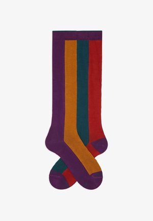 Bunte knielange Socken mit vertikalen Streifen in Lila, Rot, Grün und Orange. Glatte Textur mit verstärkten Zehen und Fersen.