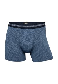 Bokserki w ciemnoniebieskim kolorze z wzorem w romby. Posiadają szeroki czarny pas z napisem "JBS UNDERWEAR". Wykonane z miękkiego, elastycznego materiału.