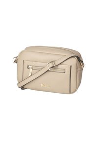 Beige crossbody bag made of textured faux leather. Features a front zippered pocket, adjustable strap, and subtle gold logo detail.