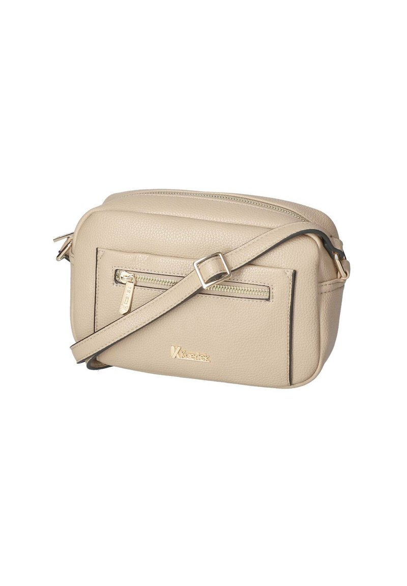 Beige crossbody bag made of textured faux leather. Features a front zippered pocket, adjustable strap, and subtle gold logo detail.