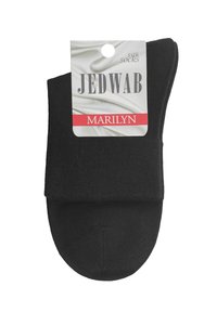 Czarne jedwabne skarpety o żebrowanej fakturze. Posiadają lewą mankiet i okrągły design palców. Etykieta mówi "Jedwab Marilyn."