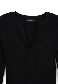 Cardigan nero a coste con scollatura a V, caratterizzato da un'apertura frontale con bottoni. Il materiale è morbido con una finitura texturizzata. Marca "CALLIOPE" visibile.