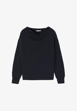 Czarny longsleeve z dekoltem typu cowl, wykonany z miękkiego materiału. Posiada obniżone szwy na ramionach oraz dopasowane mankiety. Prosty, nieozdobiony design.