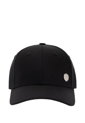 Zwarte baseballpet met gebogen klep en klein zilverkleurig embleem aan de rechter voorkant.