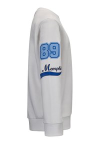 Felpa bianca con polsini a coste, presenta il numero blu "89" e "Memphis" in blu corsivo lungo la manica. Texture liscia, vestibilità regolare.