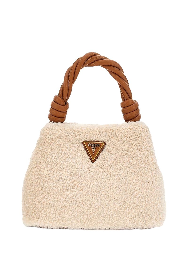 Borsa a forma di teddy beige con una toppa triangolare in pelle marrone, manico intrecciato in pelle marrone e forma arrotondata.