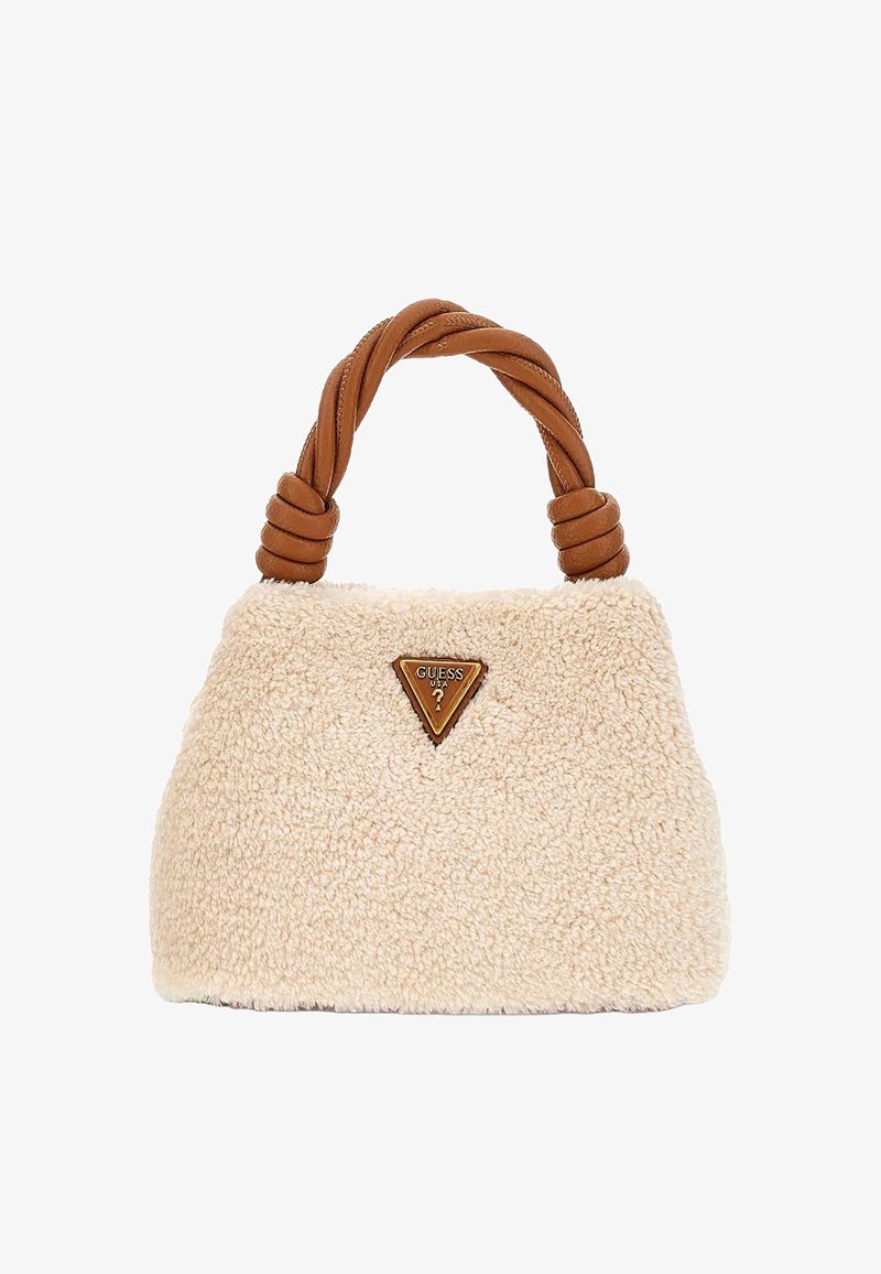 Beige teddy fabric handbag with a triangular brown leather logo patch, braided brown leather handle, and a rounded shape.