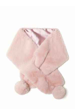 Rosa Kunstfellschal mit satinierter Innenseite, ausgestattet mit runden Pompon-Akzenten an beiden Enden und einer weichen, plüschigen Textur.