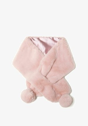 Roze nepbont sjaal met een satijnen binnenvoering, voorzien van ronde pomponaccenten aan beide uiteinden en een zachte, pluizige textuur.