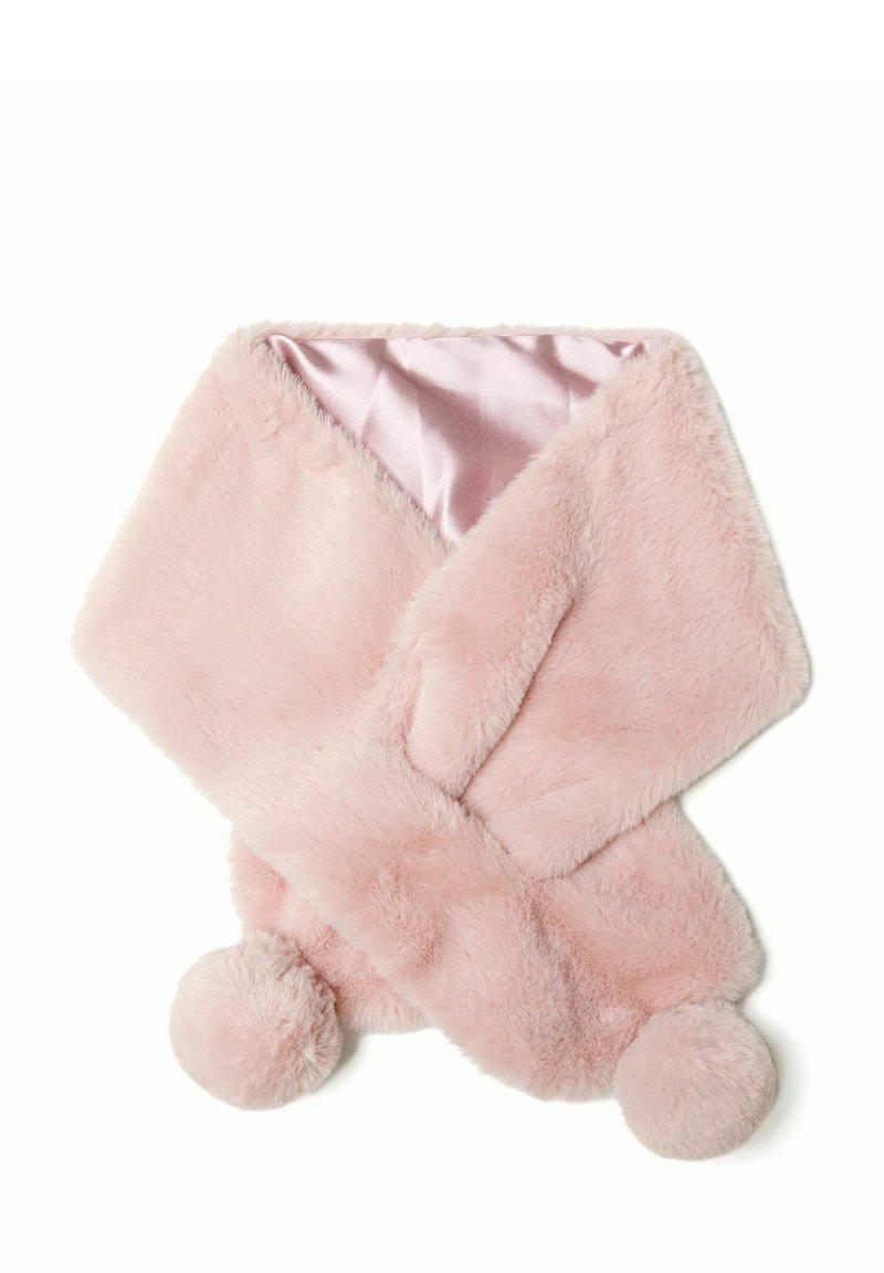 Lyserød faux fur tørklæde med satinfor, prydet med runde pom-pom detaljer i begge ender og en blød, pudsig tekstur.