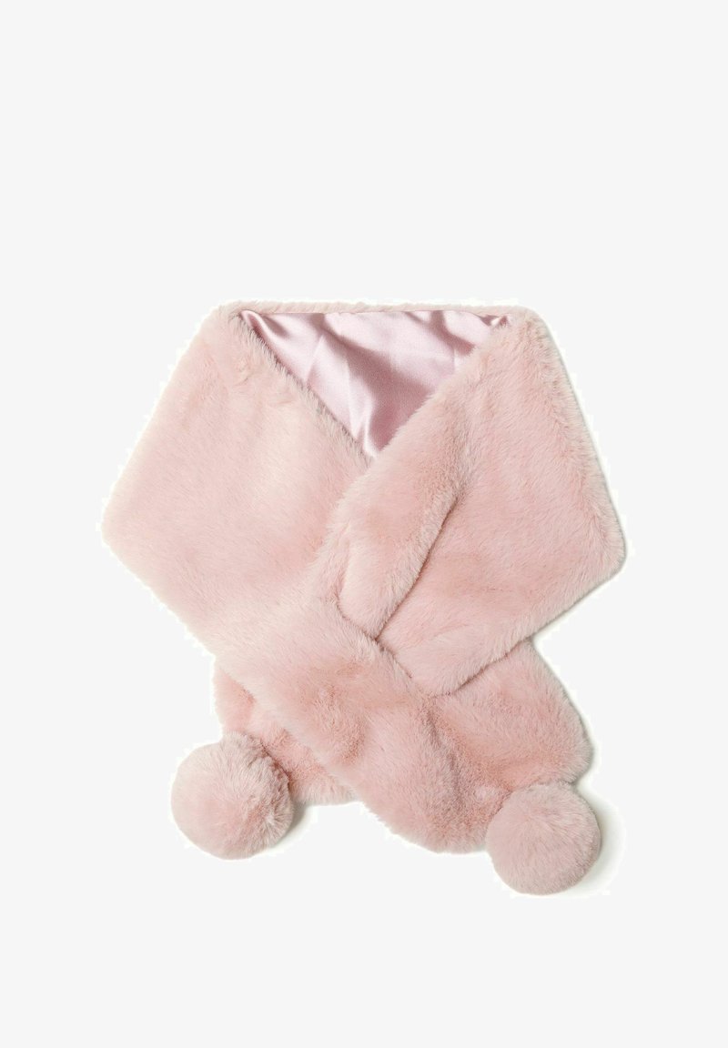 Écharpe en fausse fourrure rose avec une doublure en satin, ornée de pompons ronds aux deux extrémités et d'une texture douce et moelleuse.