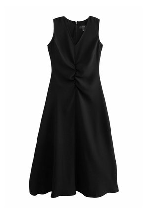 Rochie neagră fără mâneci, cu decolteu în V și detaliu pliat în față, având un corset ajustat și fustă evazată. Închidere cu fermoar la spate.