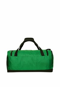 Bolsa de lona verde con acentos negros, material de tela, forma cilíndrica, dobles asas de transporte y compartimentos con cremallera en el lateral.