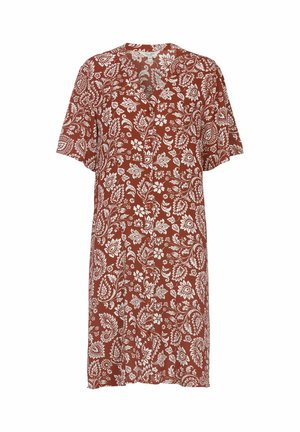 Ruosteenruskea, lyhythihainen, napillinen mekko, jossa valkoinen kukka- ja paisley-kuosi, kaulus ja puolipitkä helma.