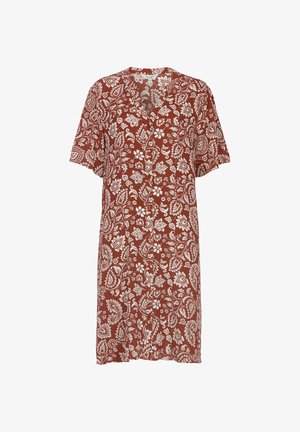 Rostbraunes, kurzärmeliges Hemdkleid mit weißem Blumen- und Paisley-Muster, Kragen und mittellangem Saum.