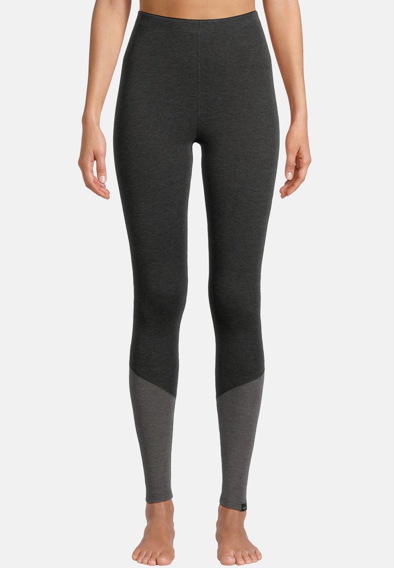 Hochtaillierte Leggings in Dunkelgrau, aus einem strukturierten Stoff mit einem hellgrauen Akzentpanel in der Nähe der Knöchel. Glattes, figurbetontes Design.