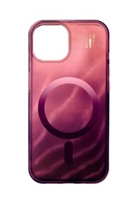 Gennemsigtigt telefoncover i gradient pink med glitreffekt. Har et rundt MagSafe-logo i en dybere pink. Elegant, blank finish.