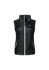 Black sleeveless vest made of lightweight, shiny material. Features a high collar, front zipper, and two side pockets with white accents.