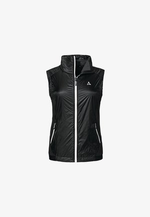 Gilet sans manches noir en matériau léger et brillant. Présente un col haut, une fermeture éclair à l'avant et deux poches latérales avec des accents blancs.