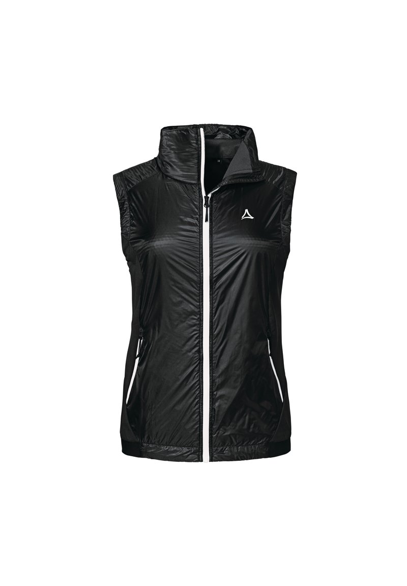 Black sleeveless vest made of lightweight, shiny material. Features a high collar, front zipper, and two side pockets with white accents.