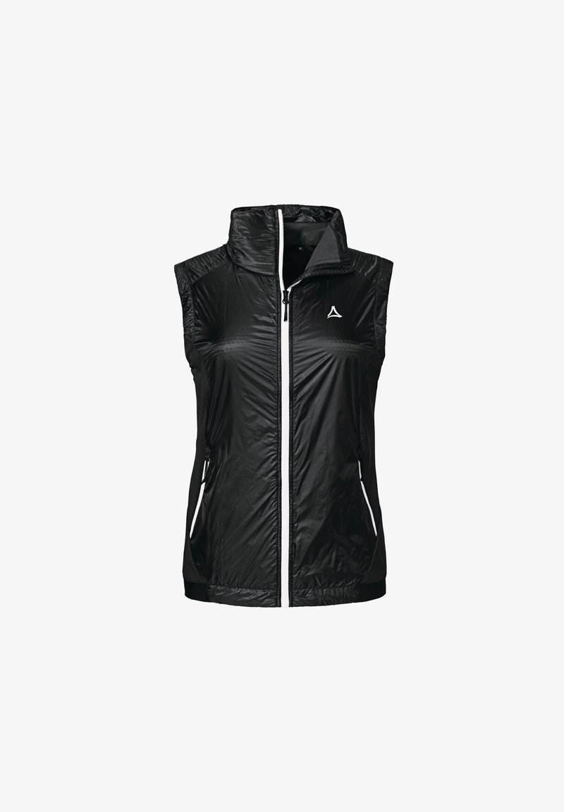 Gilet sans manches noir en matériau léger et brillant. Présente un col haut, une fermeture éclair à l'avant et deux poches latérales avec des accents blancs.