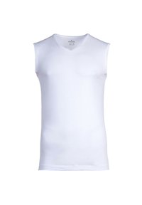 White sleeveless t-shirt with a V-neck, made of soft cotton, featuring a fitted design and smooth texture, no patterns or accents.
