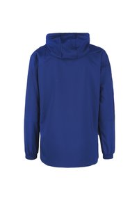 Blaue Kapuzenjacke mit langen Ärmeln, elastischen Bündchen und glatter Textur. Minimalistisches Design, mit einem schlichten Rücken ohne zusätzliche Details.