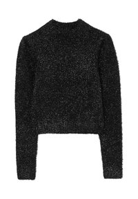 Schwarzer, fluffiger, kurzgeschnittener Pullover mit langen Ärmeln, weicher Textur und rundem Ausschnitt. Einfaches Design ohne sichtbare Hardware oder Verzierungen.
