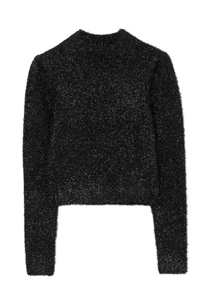 Schwarzer, fluffiger, kurzgeschnittener Pullover mit langen Ärmeln, weicher Textur und rundem Ausschnitt. Einfaches Design ohne sichtbare Hardware oder Verzierungen.