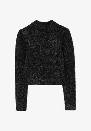 Schwarzer, fluffiger, kurzgeschnittener Pullover mit langen Ärmeln, weicher Textur und rundem Ausschnitt. Einfaches Design ohne sichtbare Hardware oder Verzierungen.
