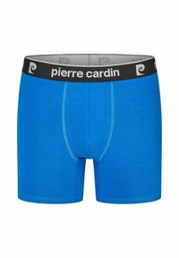 Blauwe katoenen boxershorts met een zwarte tailleband waarop de merknaam "pierre cardin" in het wit staat. Vlakke naden en een ondersteunend ontwerp voor de pouch.
