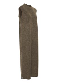 Robe longue en maille marron sans manches avec un col montant et des fentes latérales à l'ourlet.