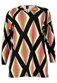 Schwarze Tunika mit auffälligem geometrischem Muster in Grün, Pink und Elfenbein. Lange Ärmel, V-Ausschnitt und glatte Stofftextur.