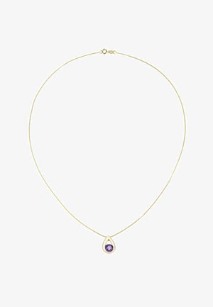 Zelta ķēdes kaklarota ar ūdens piliena formas kulonu, kuru rotā violets akmens, ar gludu virsmu un pulētu apdari.